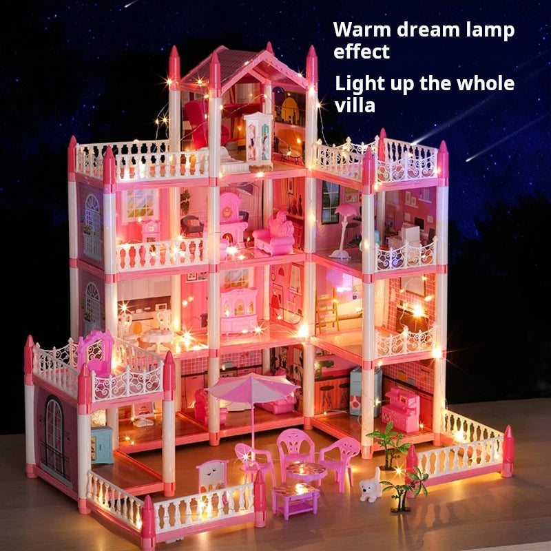 Large Dollhouse, Toddler House for Girls - with dolls, furniture, accessories, LED lights, 4 stories princess dream house toys Good Vibrations