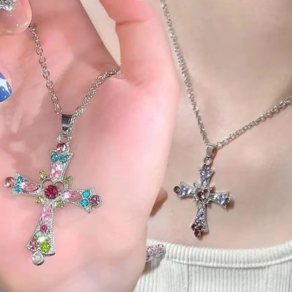 Crystal Cross Pendant Necklace for Women Girls Shiny Sweet Chain Punk Party Fashion Pendant Fashion Y2K Jewelry Accessories Good Vibrations