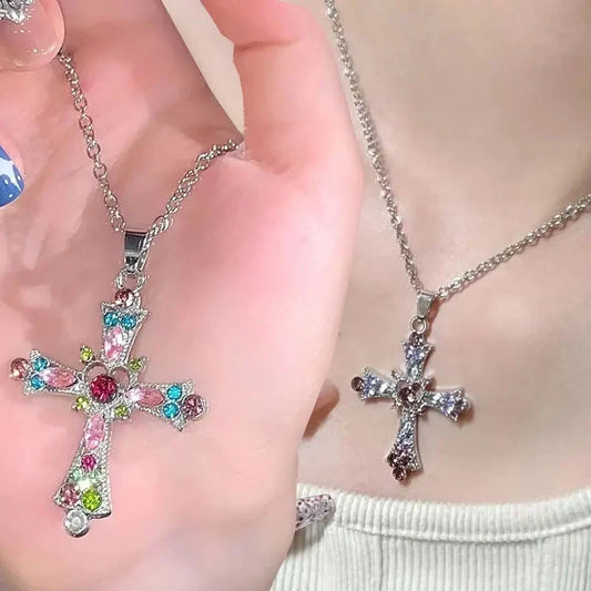 Crystal Cross Pendant Necklace for Women Girls Shiny Sweet Chain Punk Party Fashion Pendant Fashion Y2K Jewelry Accessories