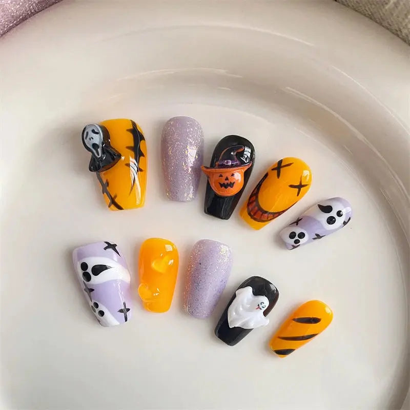 Noctilucent Handmade Press on Nails Wearable Pumpkin Halloween False Nails Design Cute Orange Fake Nails Manicure Decoration Kit Good Vibrations