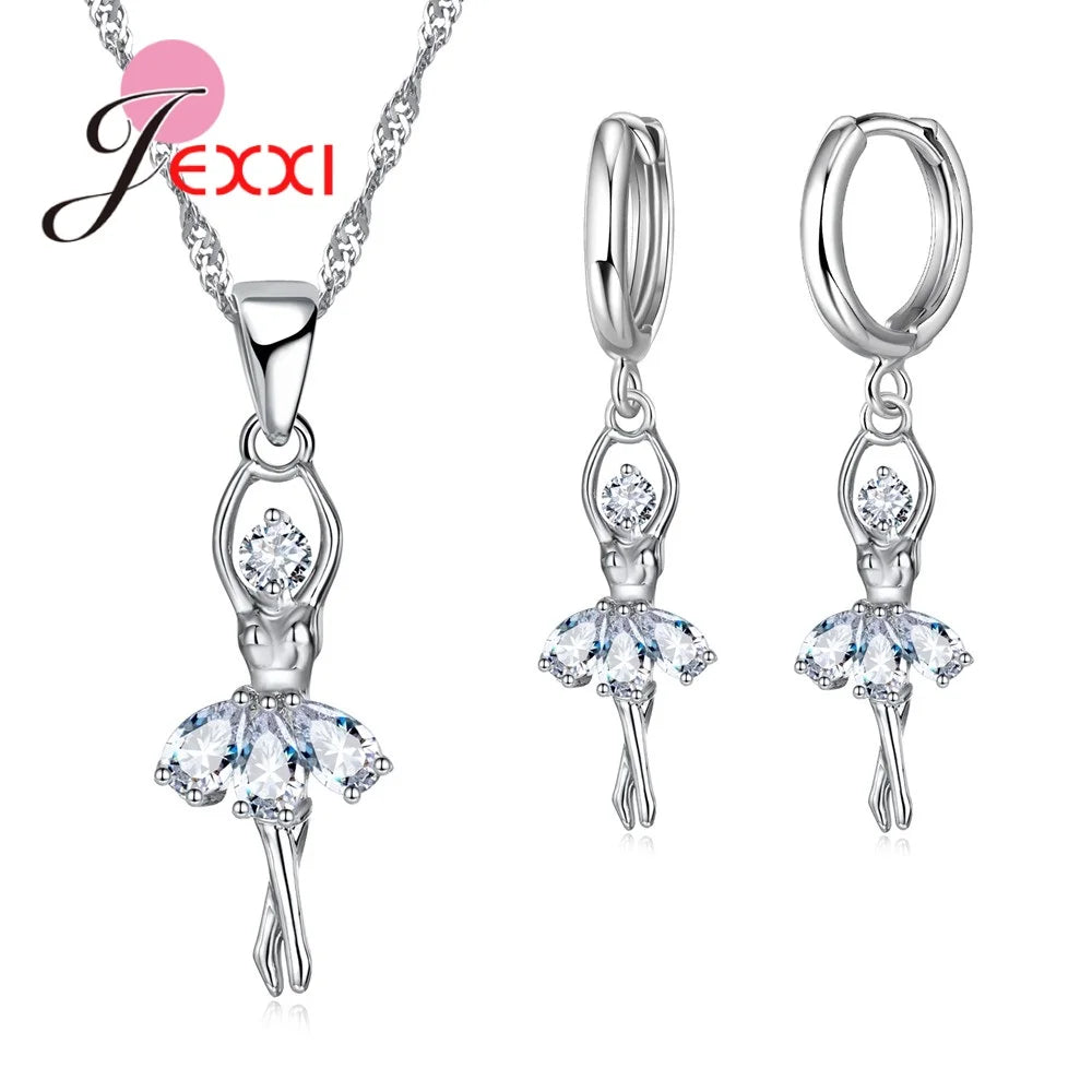 Charm 925 Sterling Silver Necklace Earrings Chain Jewelry Sets for Women Gorgeous Crystal Dacing Girls Wedding Party Accessory Good Vibrations