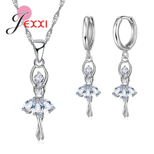 Charm 925 Sterling Silver Necklace Earrings Chain Jewelry Sets for Women Gorgeous Crystal Dacing Girls Wedding Party Accessory Good Vibrations