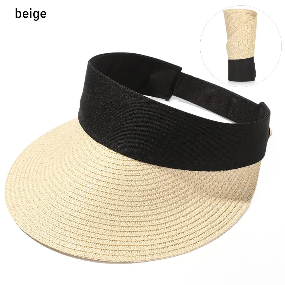 Foldable Portable Beach Hat Wide Brim Sun Hat Roll-up Summer Casual Straw Cap Visors For Women Good Vibrations