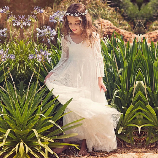 Flower Girl Dress Lace Chiffon Long Dresses Flower Girl Wedding Dress Summer Boho Birthday Party Wedding Dress For 2-14 Years