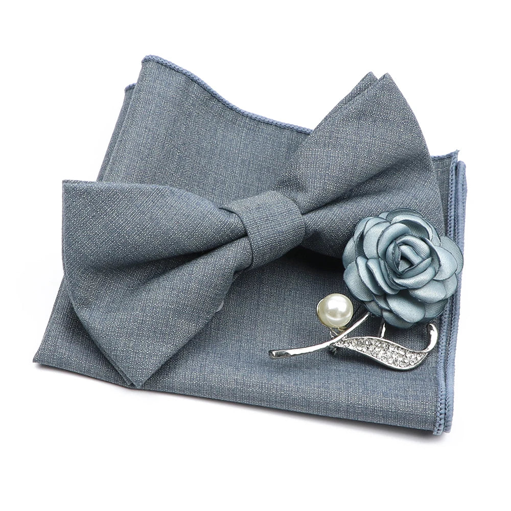 Mens Wedding Bowtie Brooch Set Romantic Solid Color Bamboo Fiber Bowknot Flower Lapel Pin Blue Pink Cravat Suit Shirt Accessory Good Vibrations