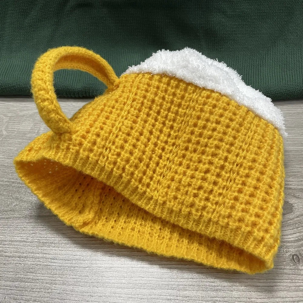 3D Beer Cup Hat Funny Creative Knitted Pullover Cap Autumn Winter Versatile Unisex Warm Hairline Cap Beer Lovers' Year Presents Good Vibrations