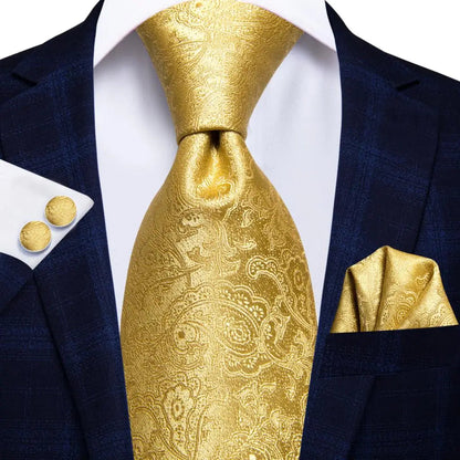 Hi-Tie Champagne Gold Striped Paisley Solid Men Silk Wedding Tie Fashion Design Necktie For Men Hanky Cufflink Business Party Good Vibrations