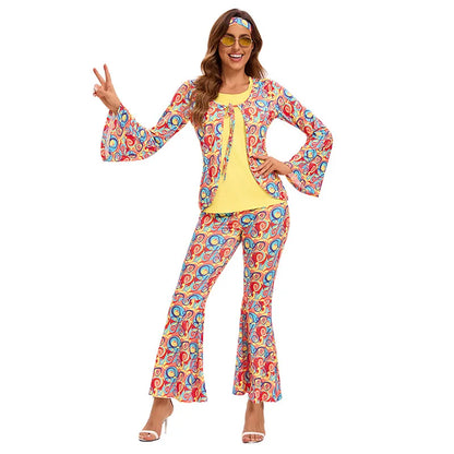 Couple Hippie Disco Costume 70S Vintage Top Pants Headband Dancer Set Carnival Fancy Outfit Indian Primitive Indigenous Clothes Good Vibrations