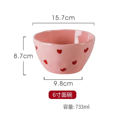 Salad Bowl Pink Heart Pattern Ceramic Plate Coffee Cup Children Dessert Bowl Household Cute Dinner Plates Restaurant Tableware Good Vibrations