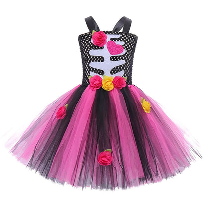 Halloween Kids Dress Cosplay Heart Print Skeleton Costumes Girls Floral Skull Tutu Clothes Children Carnival Performance Outfits Good Vibrations