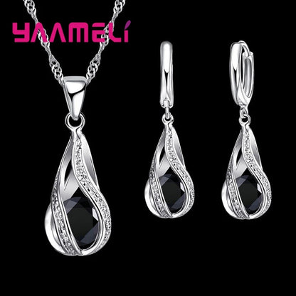 Hot Water Drop CZ 925 Sterling Silver Plated Jewelry Set For Women Pendant Necklace Hoop Earrings Wedding Party Ceremoey Anel Good Vibrations