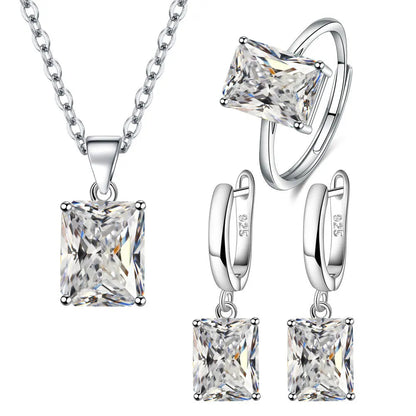 925 Sterling Silver  Elegant Jewelry Sets Ring Earrings Necklace For Women Rectangle Geometry Zircon Wedding Accessories Good Vibrations Adult Super Store