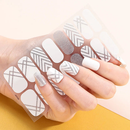 16Tips DIY Baking-Free Nail Stickers Shiny French Stripes Nail Patch Full Cover Adhesive Nail Wraps Manicures Decoration Decal Good Vibrations