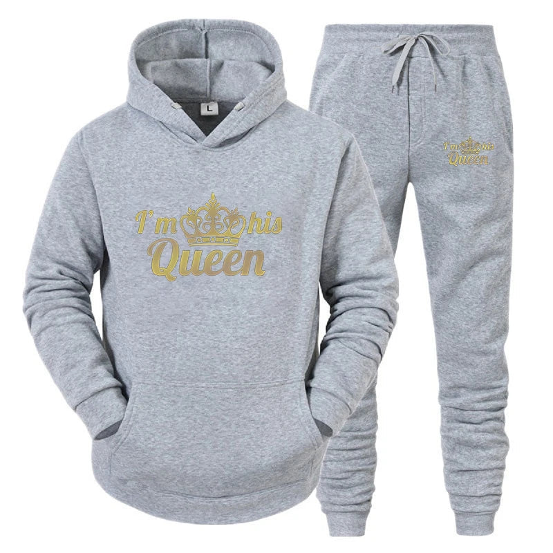 Fashion Long Sleeves KING And QUEEN Printed Hooded Suits Autumn Winter Couple Hoodie + Pants 2-Piece Suit Good Vibrations