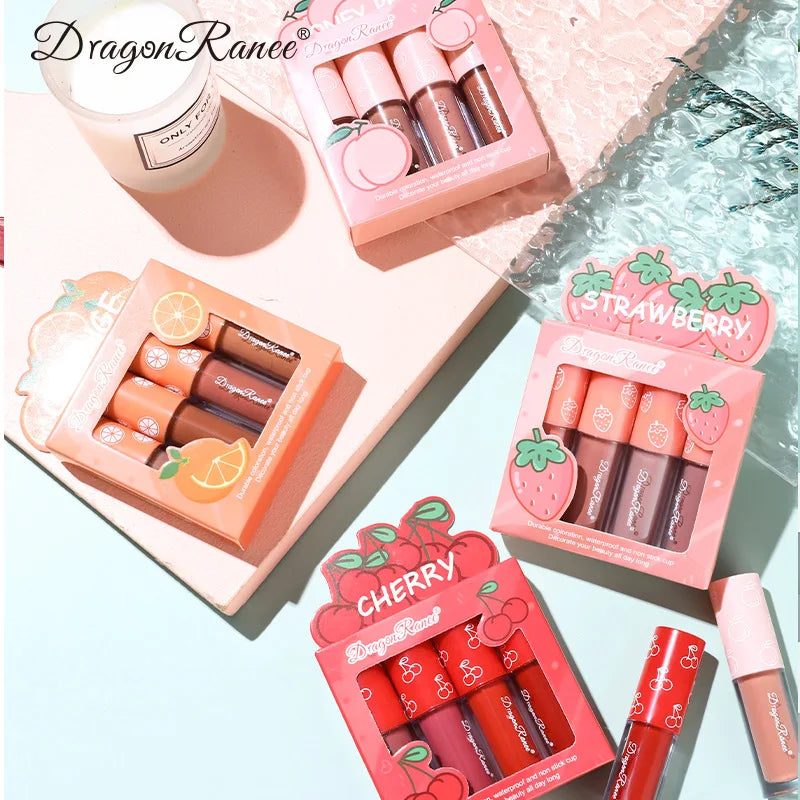 Mini Velvet Matte Lip Gloss Set, 4-Piece Non-Fading, Non-Stick Cup, Long-Lasting Fruit Scented Lip Tint, Smooth and Lightweight Good Vibrations