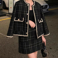 Women Fried Street Tweed Suit 2023 New Spring Autumn Wool Jacket + Skirt Female Fashion Loose Tweed Skirts Two-Piece Set Good Vibrations