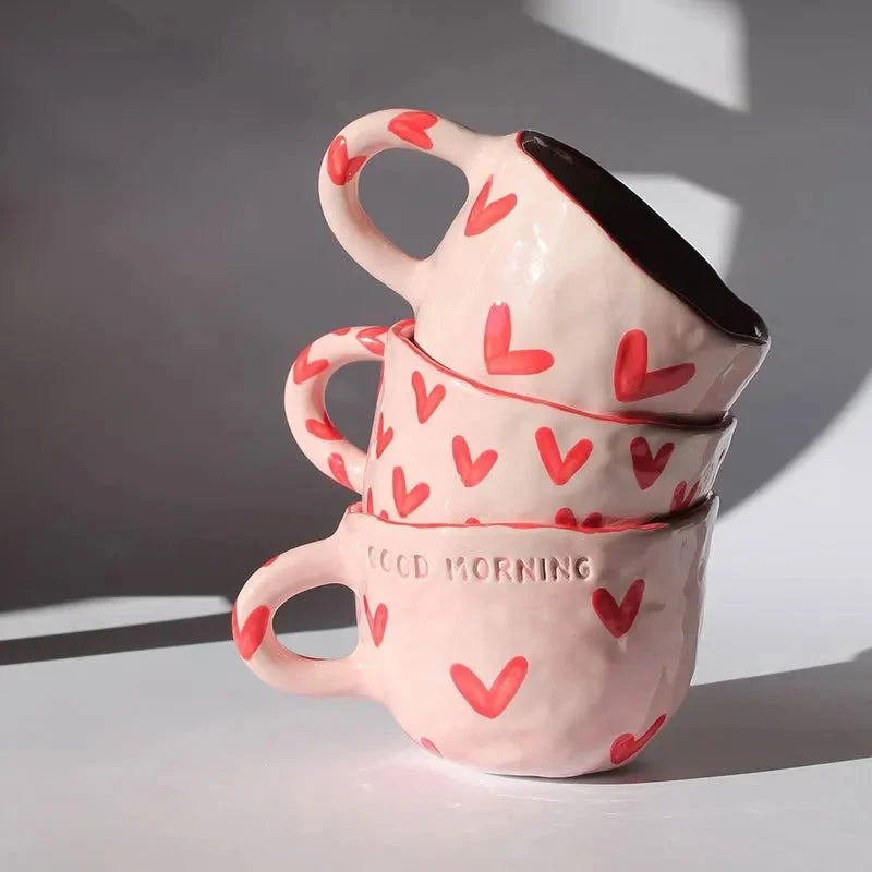 Creative Hand-painted Love Ceramic Mug, Cute Breakfast Milk Cup, Office High-value Coffee Mugs, Christmas Gift Couple Water Cups Good Vibrations