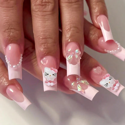 Pink French Fake Nails 3D Pink Hello Kitty, Aurora Bow, Pearl Design False Nail Medium Coffin Shaped Full Cover Press On Nails Good Vibrations