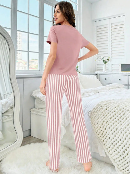 Women's pajamas new style love short sleeve striped pants two-piece elegant casual home outfit Good Vibrations
