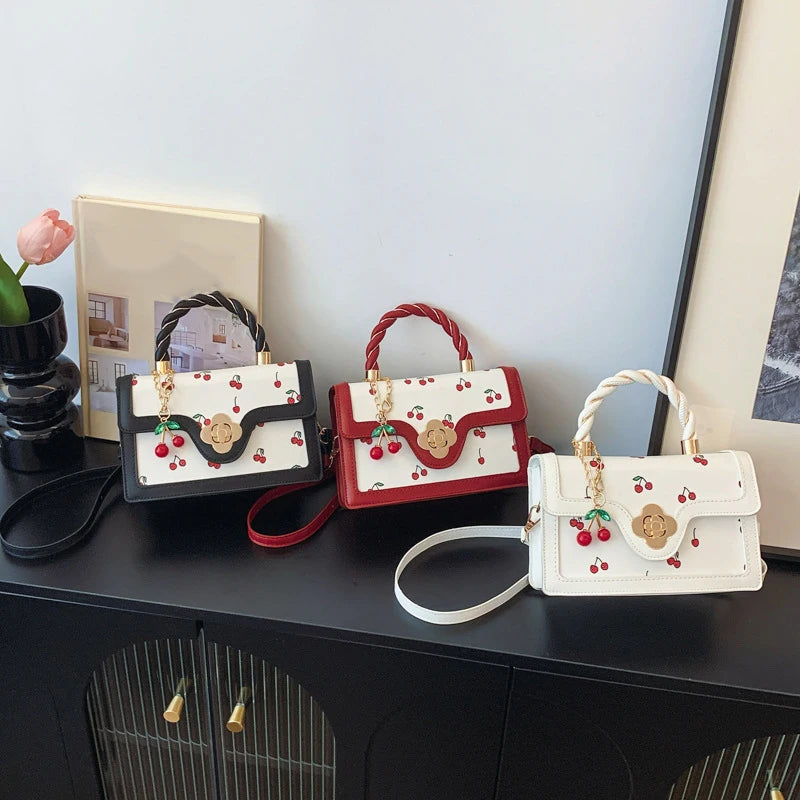Sweet Crossbody Bag Fashion Cherry Print Top-Handle Ladies Luxury Square Shoulder Bag Women High Quality Sling Purse Good Vibrations