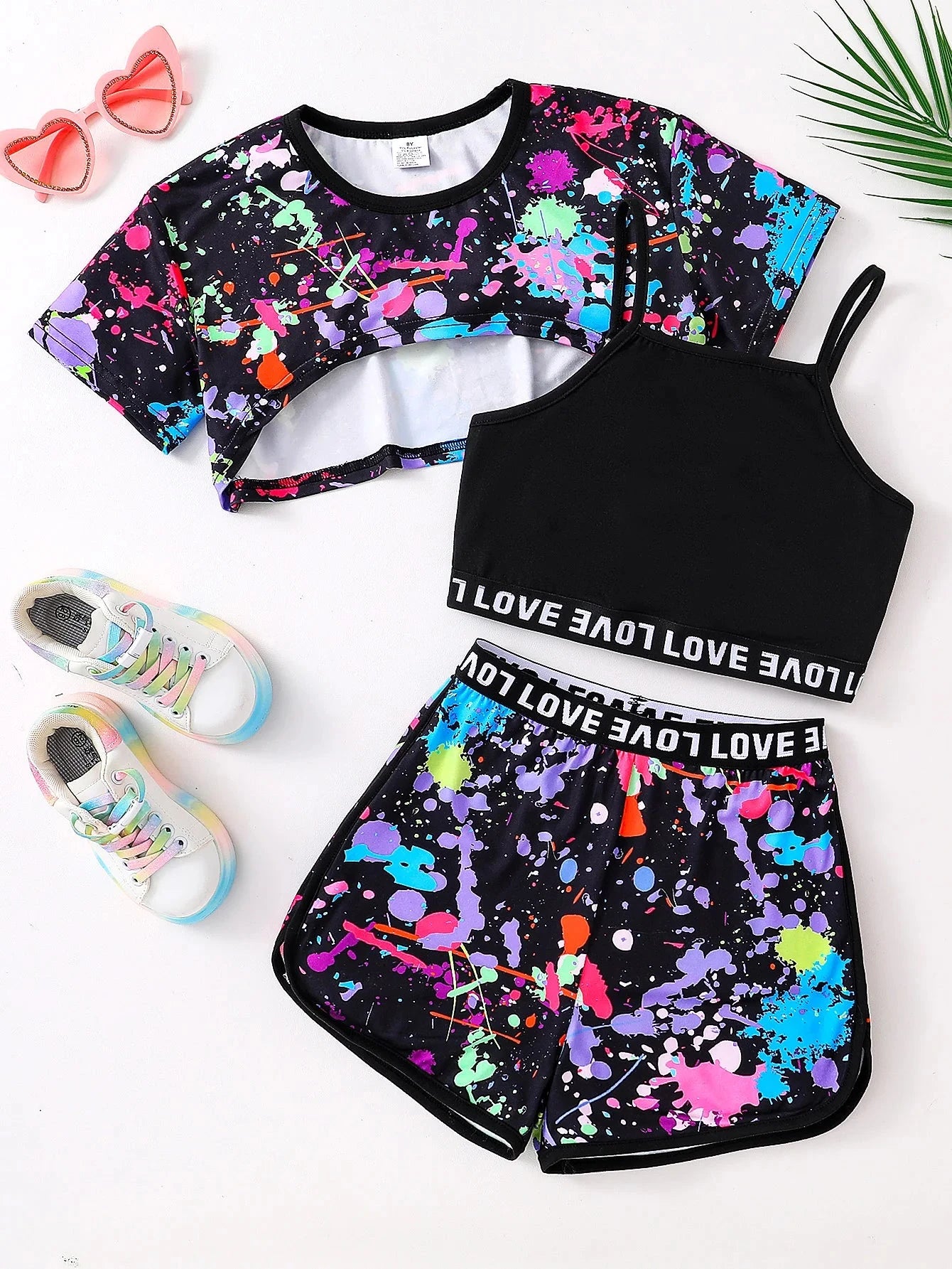 Summer fashion girls' three-piece set Fluorescent graffiti print casual loose slightly elastic comfortable suit Good Vibrations
