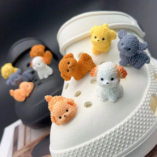 Cartoon Cute Curly Dog Animal Shoe Charms for Crocs Decorations Clogs Pins Slipper Accessories Garden Sandals Girl Kids Gift Good Vibrations
