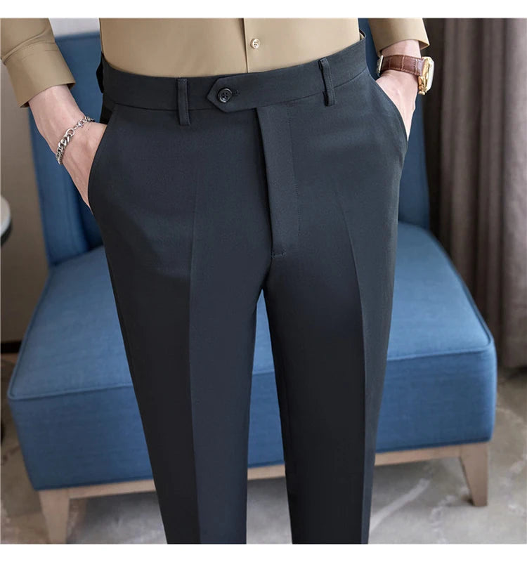 Men Suit Pants 2025 Elastic Slim Fit Formal Dress Pants Solid Casual White Trousers Pantalon Homme Wedding Party Men Clothing Good Vibrations