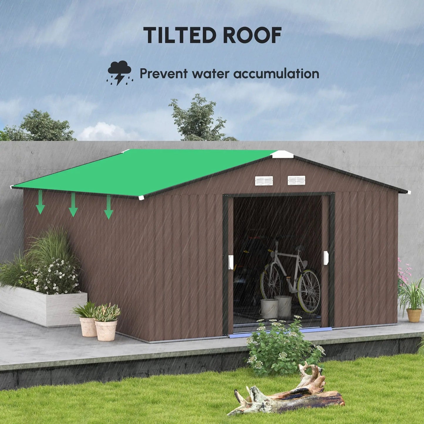 Metal Garden Shed Brown Storage Utility Double Locking Doors for Bike Yard Tools Good Vibrations