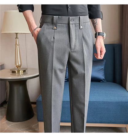 Mens Suit Pants 2025 Autumn New British Style Elastic Waist Solid Casual Formal Dress Pants Slim Fit Trousers for Men Clothing Good Vibrations