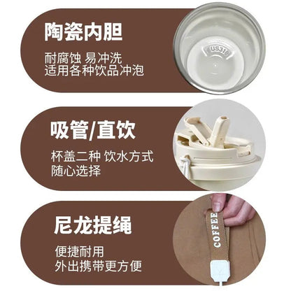 Cartoon Cute Snoopy Anime Peripheral Thermos Cup Women's Heart Stainless Steel Large Capacity Coffee Cup Straw Water Cup Gift Good Vibrations