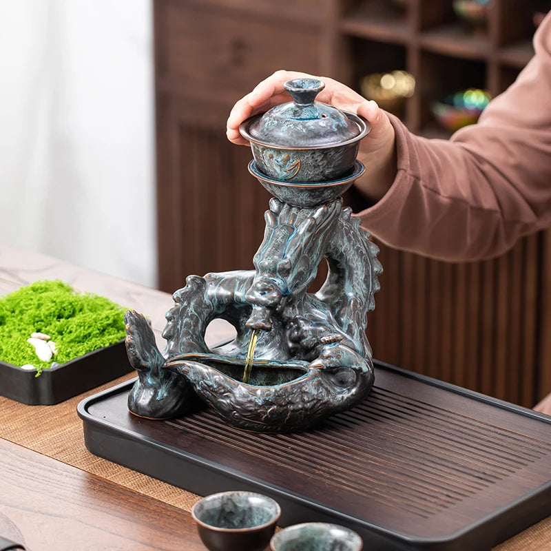 1 Set of Rotating Teapot, Ceramic Kiln Turns into Phoenix and Auspicious Teapot Set, Semi-Automatic Tea Set, Lazy Kung Fu Tea Set, All in One Coffee Drink Set, Novelty Tea Gift Good Vibrations