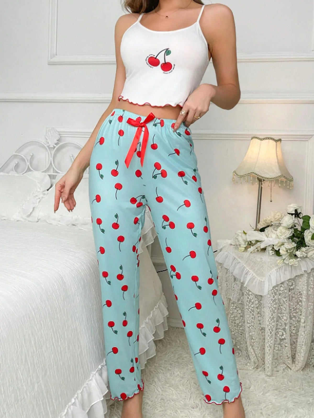 Y2K Coquette Cherry Print Pajama Set Womens Cami Crop Top Pants Two Piece Sleepwear Loungewear Summer Spring Autumn Outfits Good Vibrations