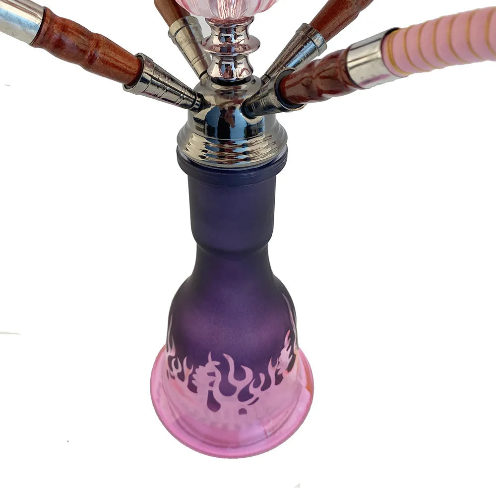 Pink double pipe hookah with four tubes, metal and glass design, Middle Eastern flavor shisha.