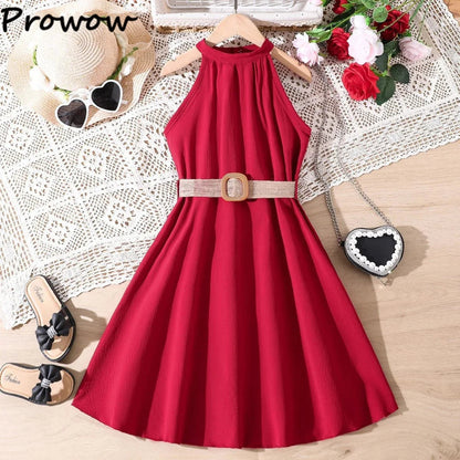Prowow Girls Party Dresses Sleeveless Belted Halter Neck Hem Dress Holiday Beach Children's Clothing Teenagers Dress For Girls Good Vibrations