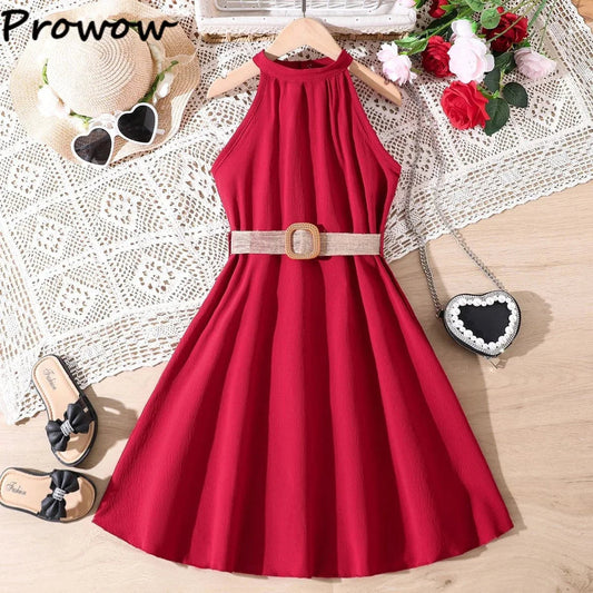Prowow Girls Party Dresses Sleeveless Belted Halter Neck Hem Dress Holiday Beach Children's Clothing Teenagers Dress For Girls Good Vibrations