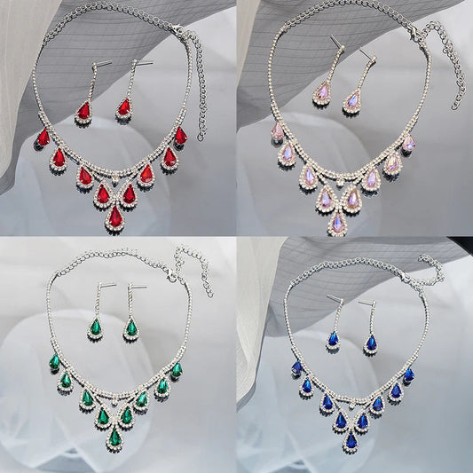 Bridal Wedding Jewelry Women Silver-Plated Rhinestone Long Earrings Dress Accessories Bridesmaid Delicate Crystal Necklace Set Good Vibrations Adult Super Store