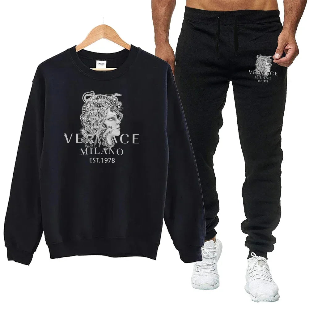 Men's Autumn Round Neck Sweatshirt + Sweatpants Luxury Print Simple Casual Versatile Casual Sports Two-piece Set for Men Good Vibrations