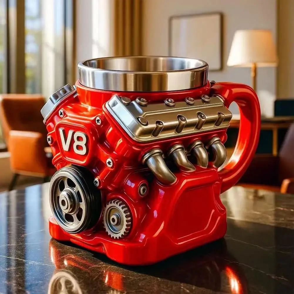 Retro Engine Coffee Mug New Engine V8 Engine Mug Decoration Stainless Steel Cup Car Engine Design Mug For Car Enthusiasts Good Vibrations