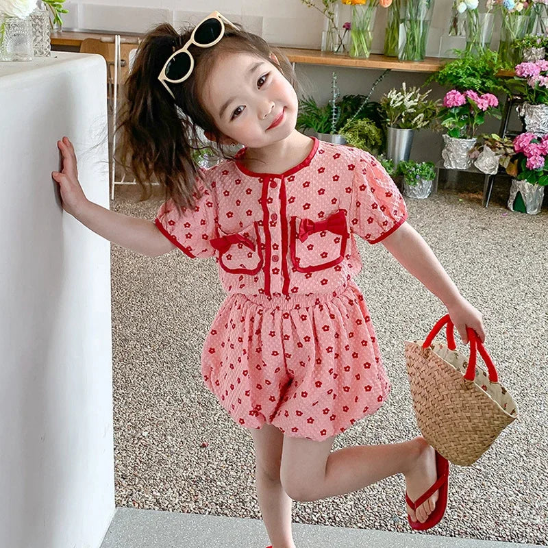 Girls Summer 2025 Children's Clothing Set Pink Cute Clothes Set Bow Blossom Top+ Bud Shorts Two Piece Girls Fashion Kids Outfit Good Vibrations