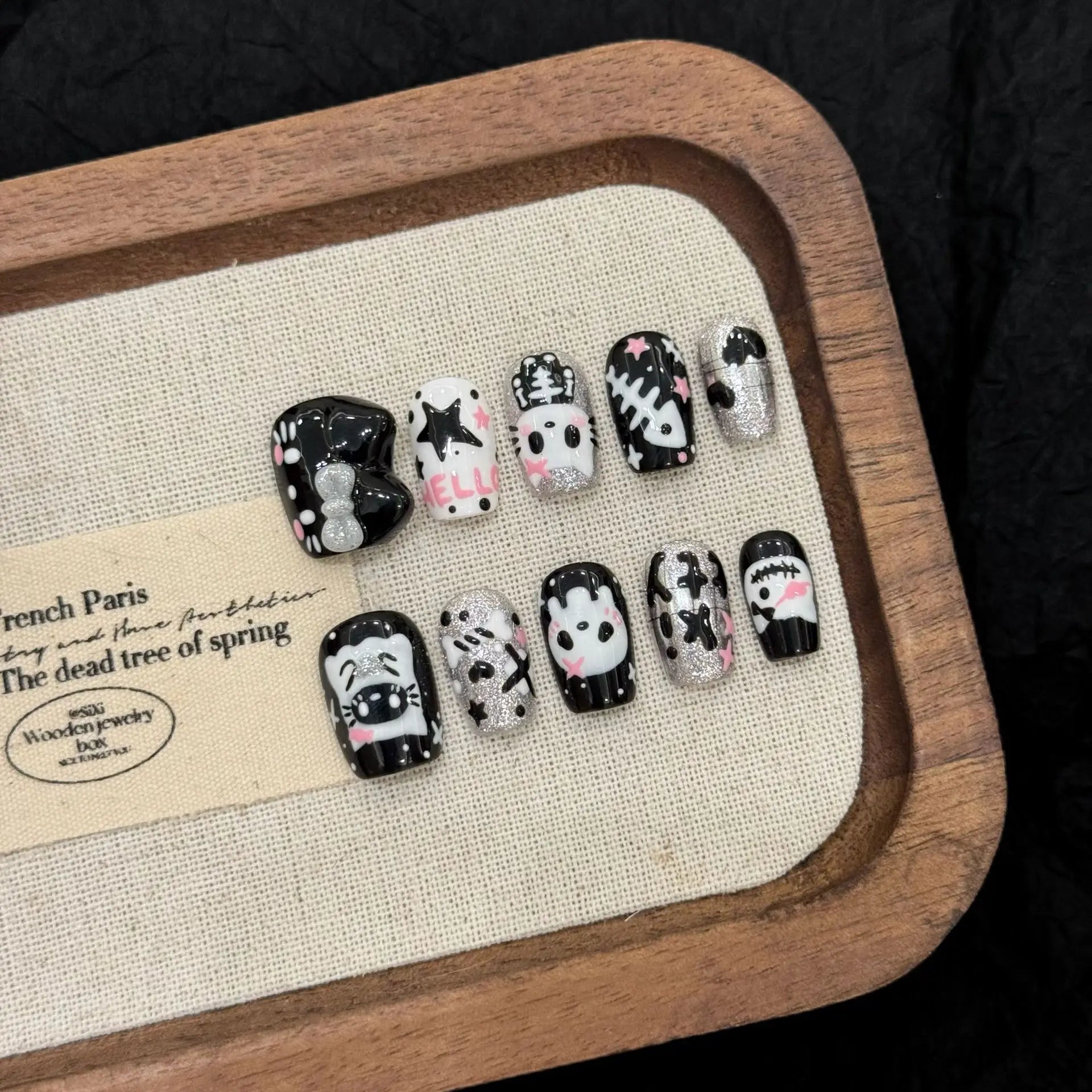 10pcs Sweet Cool Halloween Press On Nails Cute Little Cat Ghost Pattern Handmade False Nails Dark Black Personality Fake Nail Good Vibrations