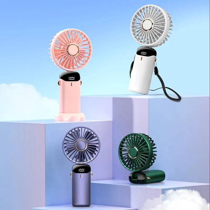 USB Handheld Mini Fan Foldable Portable Neck Hanging Fans 5 Speed Rechargeable Fan with Phone Stand and Display Screen Good Vibrations