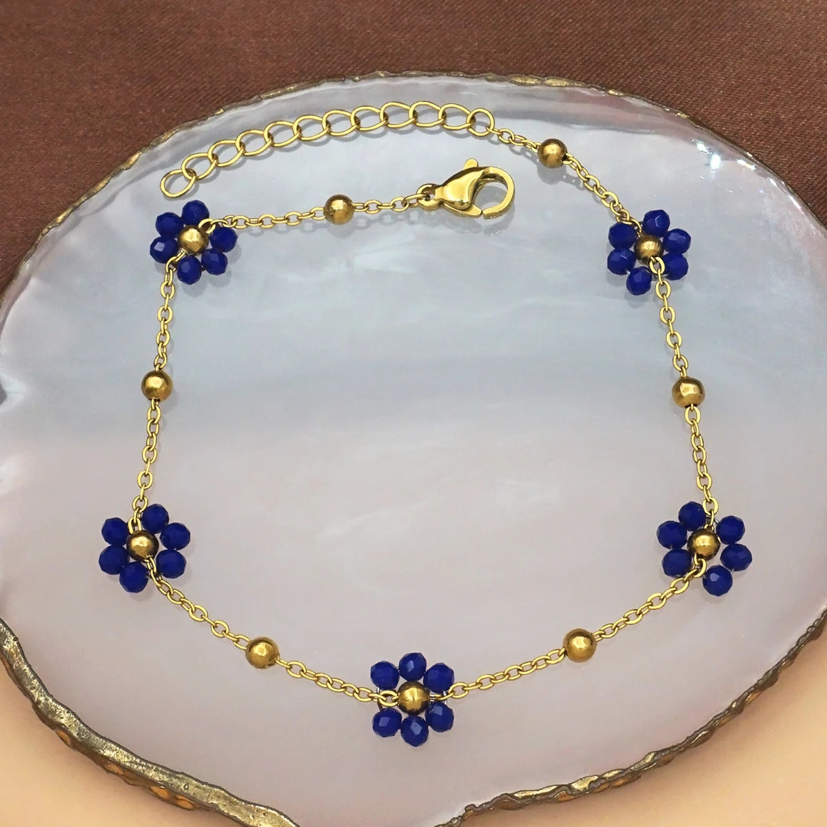 Gifts for Her: Women's Navy Blue Small Floral Charm Bracelet, Birthday Valentine Christmas Halloween Gift Good Vibrations