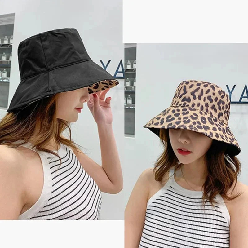 Flattop Ladies' Hat Street Women Leopard Print Bucket Comfortable Breathe Foldable Beach Flat Top Sun Fishing Hats for Women Good Vibrations