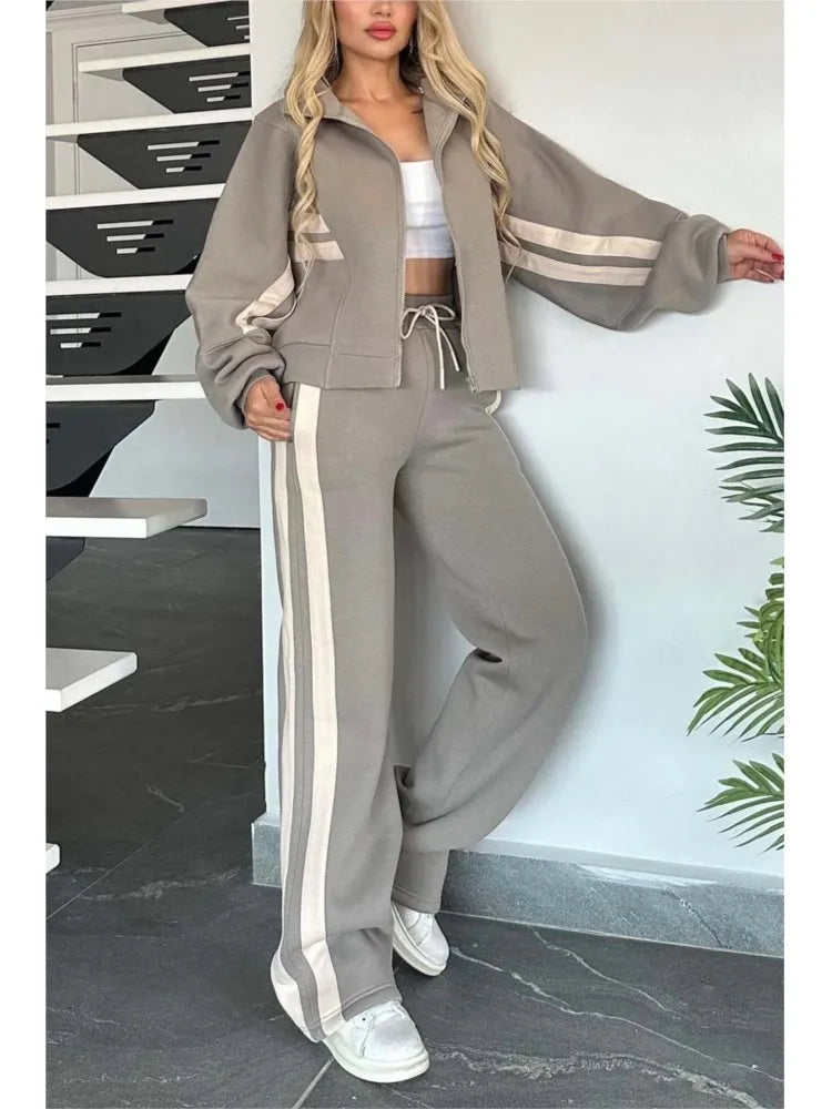 2025 Autumn Winter New Two-piece Set Women's Zipper Striped Loose Jacket Outwear And High Waist Side-striped Pants Sports Sets Good Vibrations