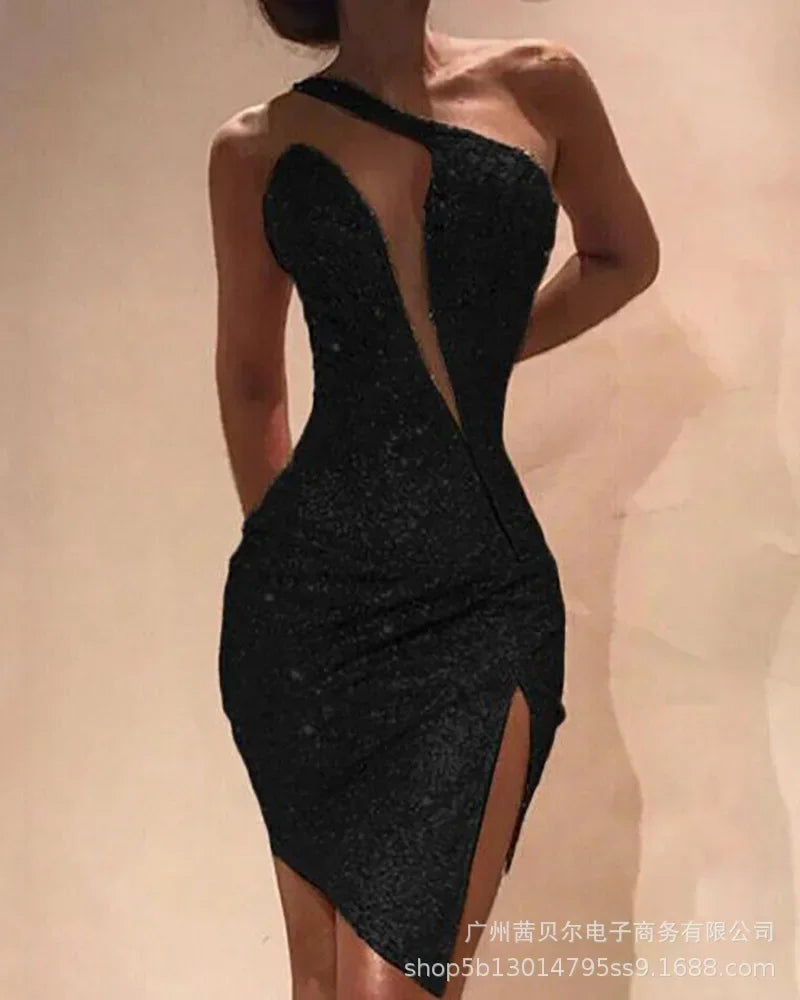 Fashion Sexy Womens Dresses 2023 New One Shoulder Split Dress Womens Sleeveless Dress Good Vibrations