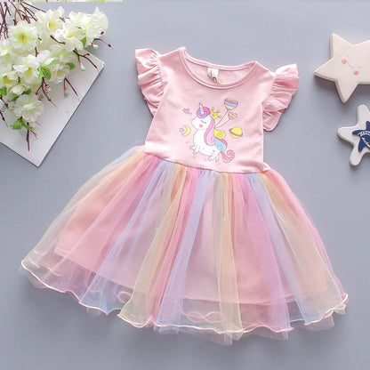 Girls Dress 2025 New Summer Princess Dresses Flying Sleeve Kids Clothes Unicorn Party Baby Dresses For Children Clothing 3-8Y Good Vibrations
