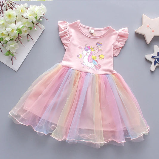 Girls Dress 2025 New Summer Princess Dresses Flying Sleeve Kids Clothes Unicorn Party Baby Dresses For Children Clothing 3-8Y Good Vibrations