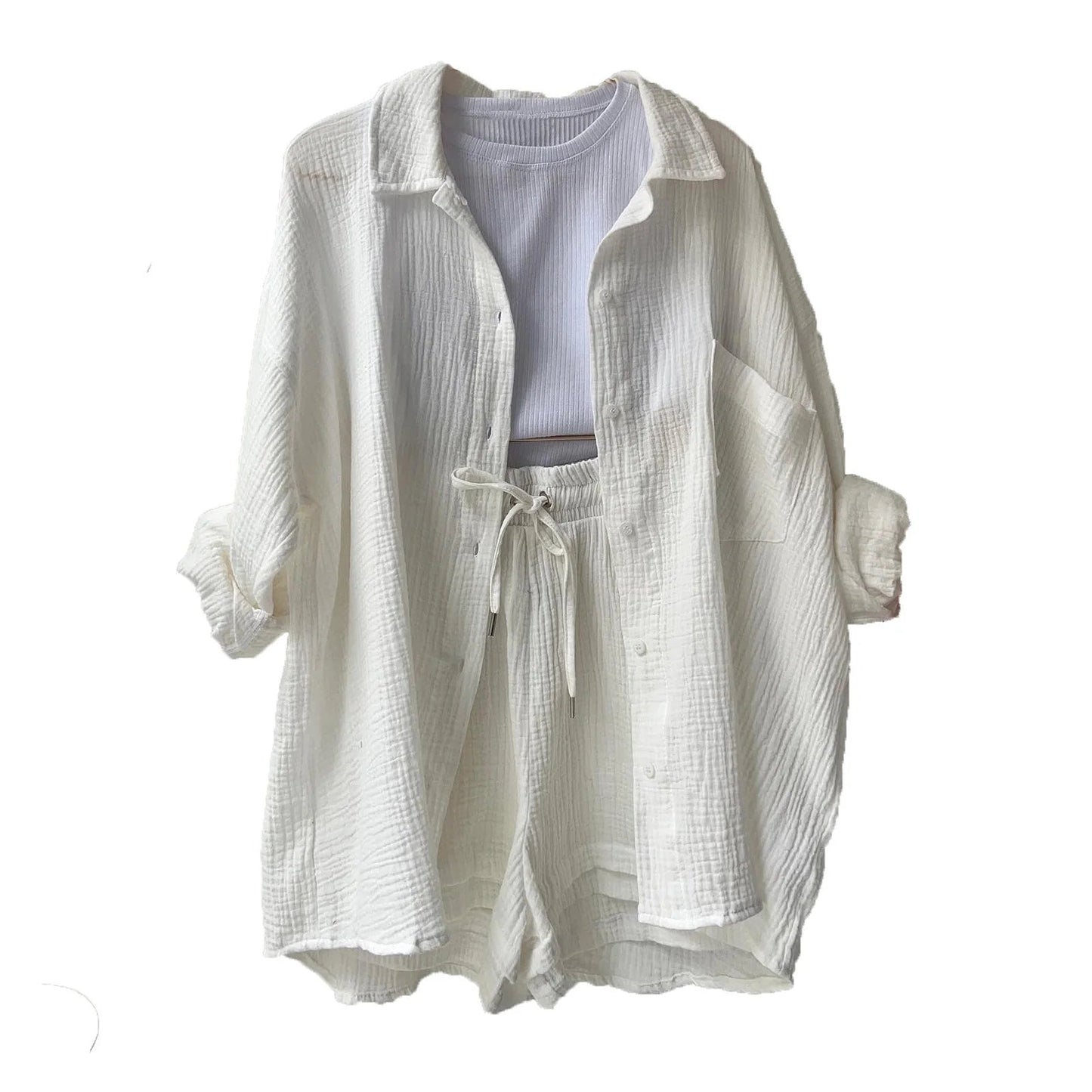 Women Summer Outfit Muslin Blouse Coat 2 Piece Clothing Women's Elegant Beach Holiday Women Set Female Coat Loose Suit Good Vibrations