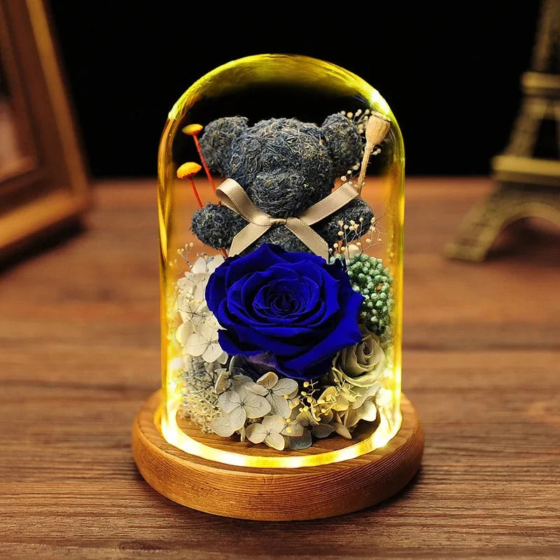 Valentine's Day Gift for Girlfriend Eternal Preserved Rose Flower Gift Box Teddy Bear Eternal Flower with Lights Gift for Women Good Vibrations
