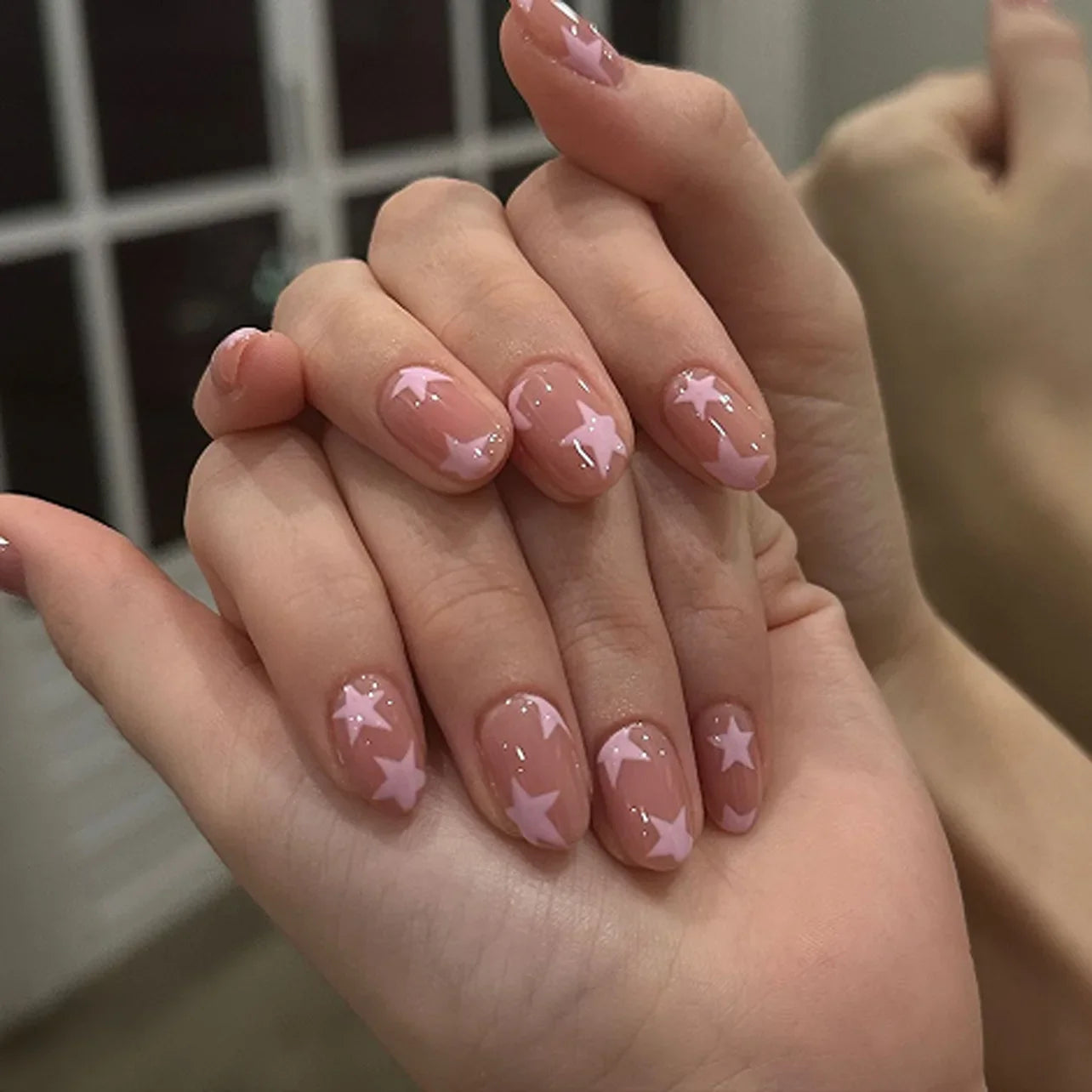 Pink Stars Nude Color Chic Delicate Wearable Nail Art Y2K Fashion Short False Nails Detachable Finished Fake Nails Press on Nail Good Vibrations